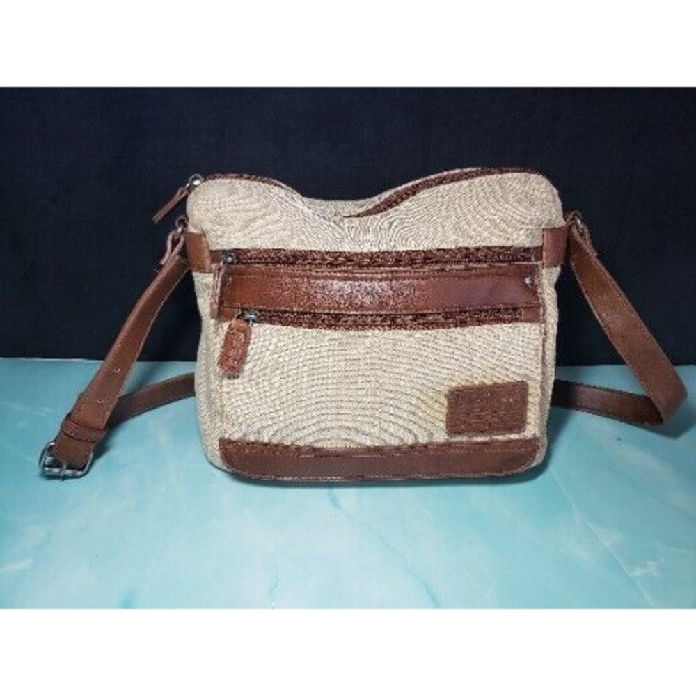 Relic Shoulder Bag Beige Fabric Chocolate Brown Faux Leather Trim